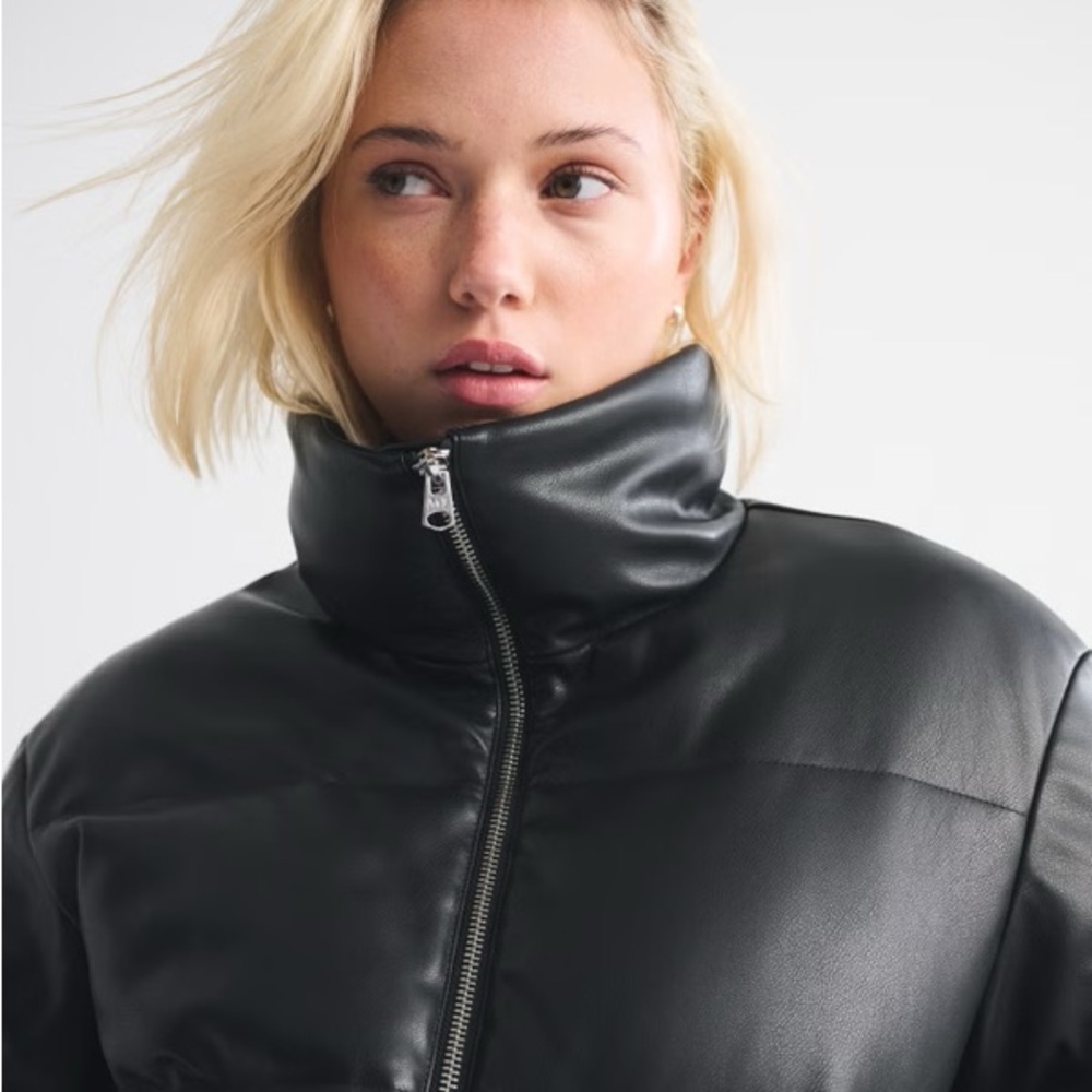 abercrombie vegan black leather puffer jacket sz small - Picture 2 of 7
